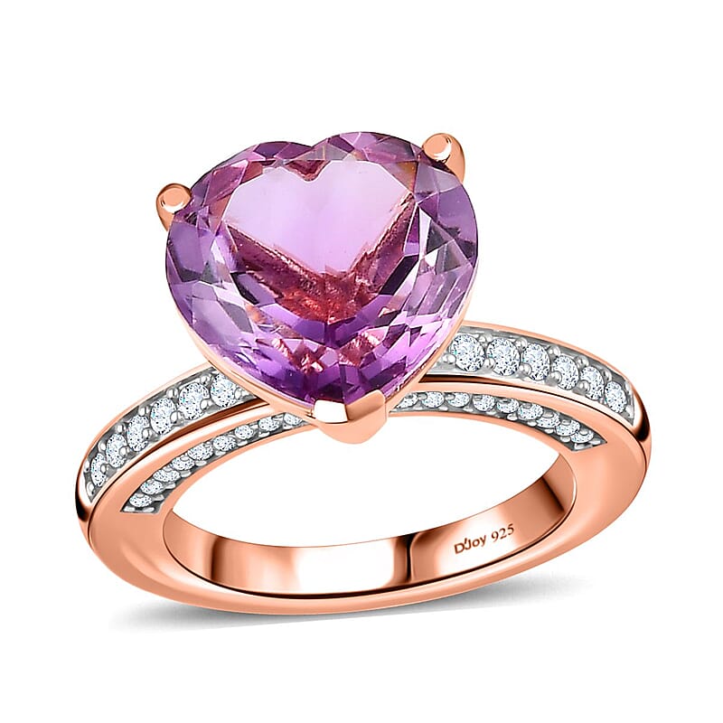 Rose De France Amethyst and Moissanite Heart Ring in Vermeil Rose Gold Over Sterling Silver (Size 10.0) 7.90 ctw