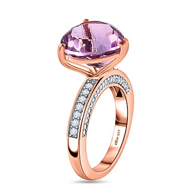 Rose De France Amethyst and Moissanite Heart Ring in Vermeil Rose Gold Over Sterling Silver (Size 10.0) 7.90 ctw