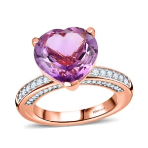 Rose De France Amethyst and Moissanite Heart Ring in Vermeil Rose Gold Over Sterling Silver (Size 5.0) 7.90 ctw