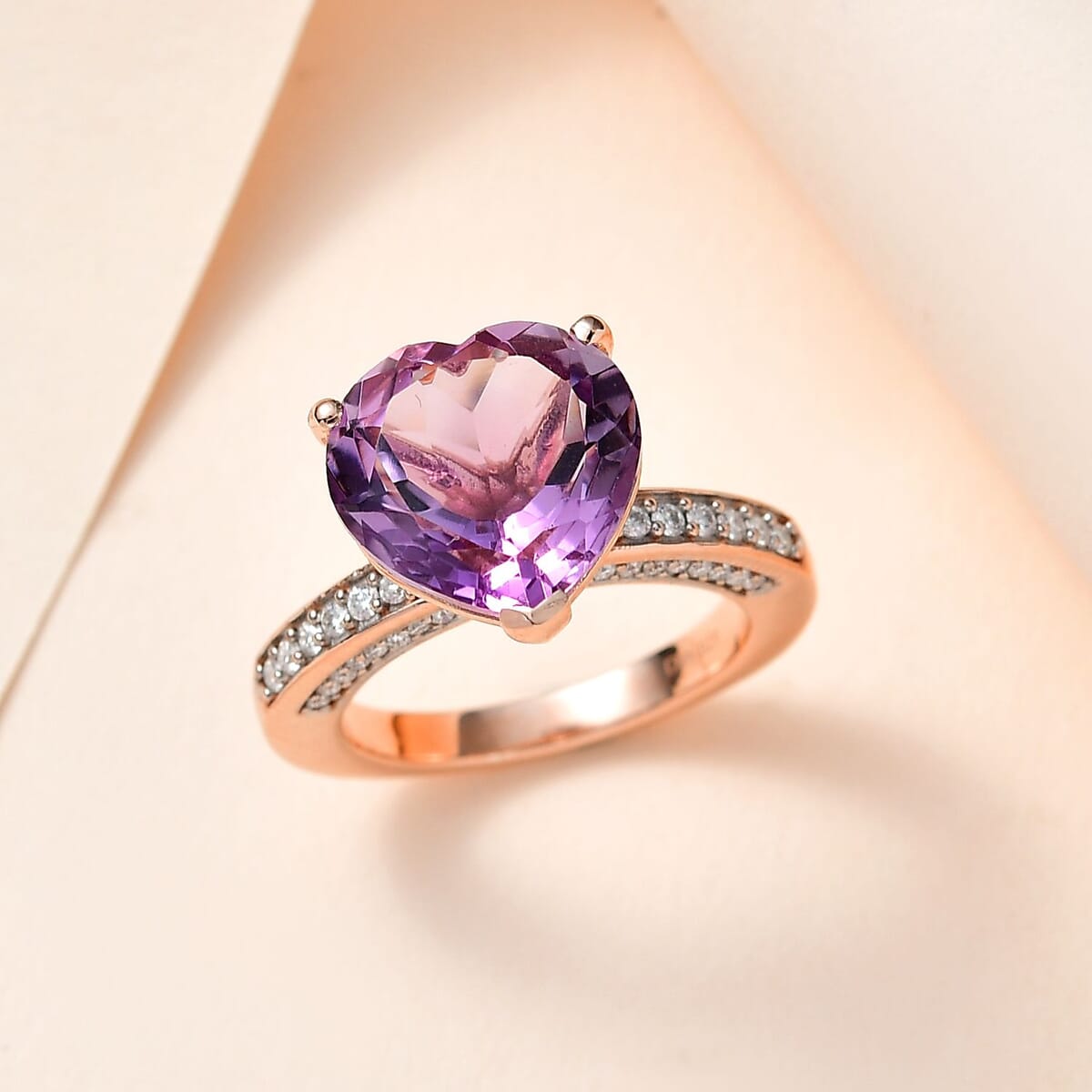 Rose De France Amethyst and Moissanite Heart Ring in Vermeil Rose Gold Over Sterling Silver (Size 8.0) 7.90 ctw image number 1
