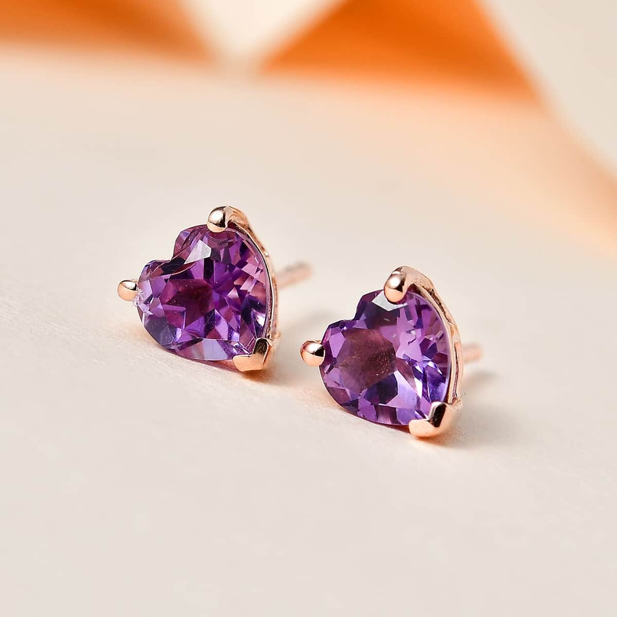 Rose De France Amethyst Heart Stud Earrings in Vermeil Rose Gold Over Sterling Silver 1.50 ctw image number 1