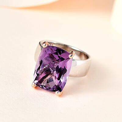 Rose De France Amethyst 10.00 ctw Solitaire Ring in Vermeil Rose Gold and Platinum Over Sterling Silver (Size 10.0)