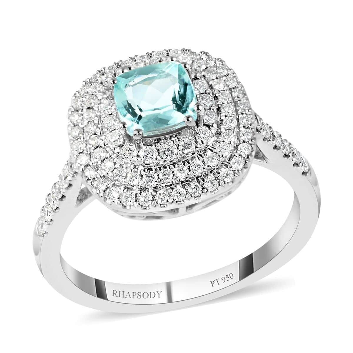 Certified & Appraised Rhapsody 950 Platinum AAAA Paraiba Tourmaline and E-F VS Diamond Double Halo Ring (Size 7.5) 6.80 Grams 1.35 ctw image number 0