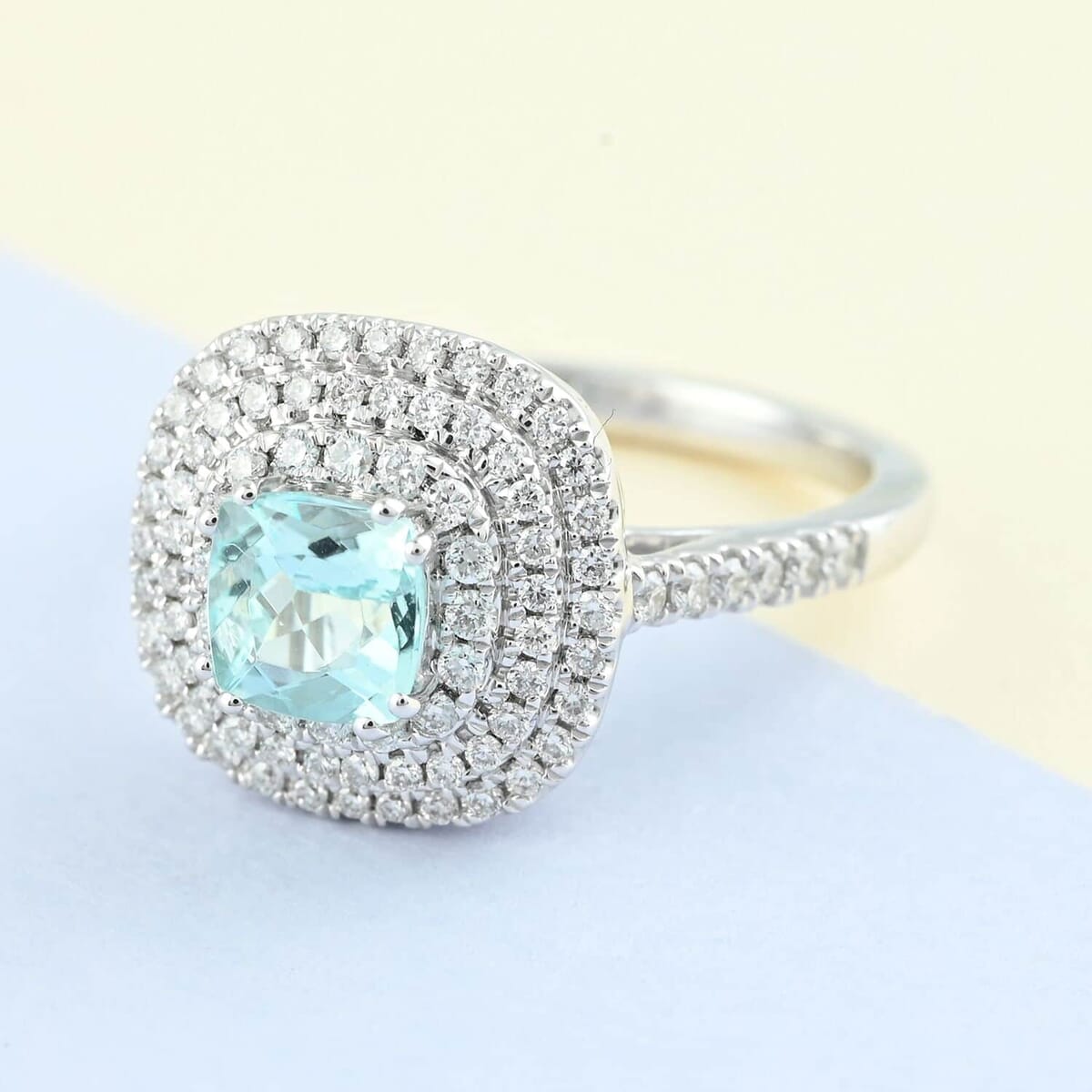 Certified & Appraised Rhapsody 950 Platinum AAAA Paraiba Tourmaline and E-F VS Diamond Double Halo Ring (Size 7.5) 6.80 Grams 1.35 ctw image number 1