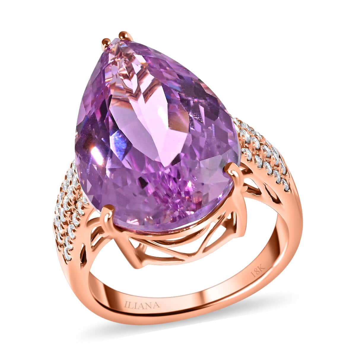 Certified & Appraised Iliana 18K Rose Gold AAA Patroke Kunzite and G-H SI Diamond Halo Ring (Size 8.5) 6.35 Grams 23.70 ctw image number 0