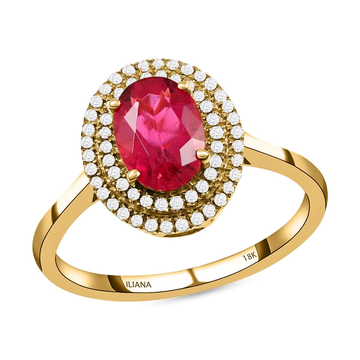 Certified & Appraised Iliana AAA Ouro Fino Rubellite and G-H SI Diamond 1.60 ctw Double Halo Ring in 18K Yellow Gold (Size 7.5) image number 0