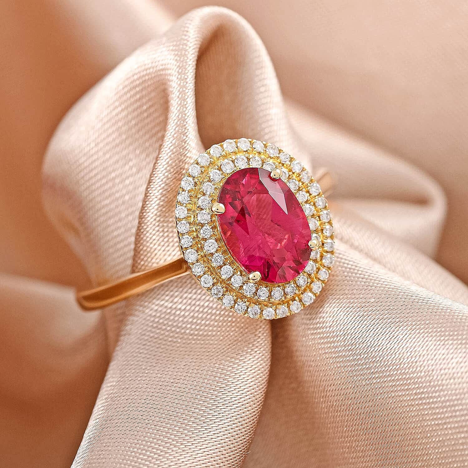 Certified & Appraised Iliana AAA Ouro Fino Rubellite and G-H SI Diamond 1.60 ctw Double Halo Ring in 18K Yellow Gold (Size 7.5)