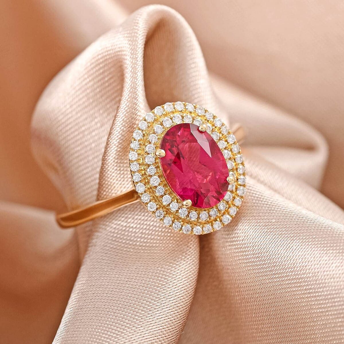 Certified & Appraised Iliana AAA Ouro Fino Rubellite and G-H SI Diamond 1.60 ctw Double Halo Ring in 18K Yellow Gold (Size 7.5) image number 1