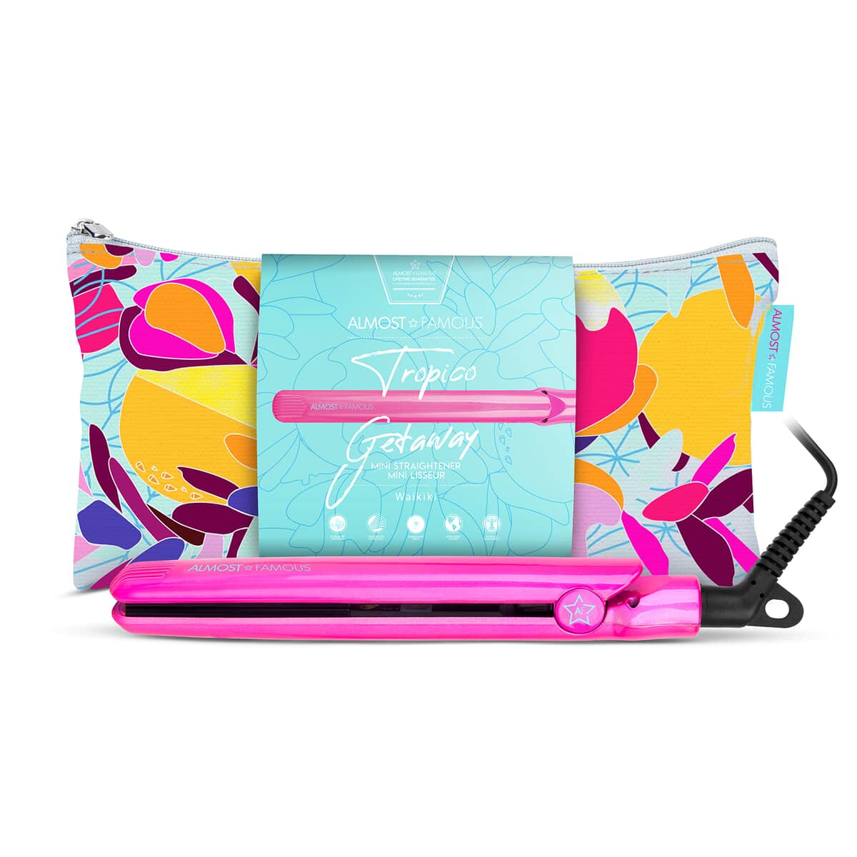 Almost Famous Tropico Getaway 0.5 Inches Tourmaline And Ceramic Mini Hair Straightener Flat Iron With Temperature Setting and Travel Bag For All Hair Types And Hair Styles - Waikiki image number 0