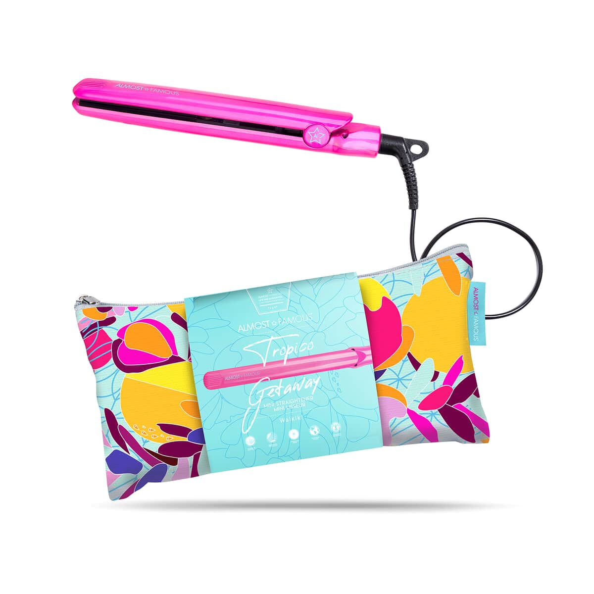 Almost Famous Tropico Getaway 0.5 Inches Tourmaline And Ceramic Mini Hair Straightener Flat Iron With Temperature Setting and Travel Bag For All Hair Types And Hair Styles - Waikiki image number 1