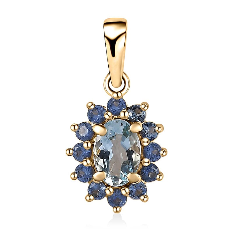 Luxoro 10K Yellow Gold AAA Santa Maria Aquamarine and Ceylon Blue Sapphire Sunburst Pendant 0.75 ctw