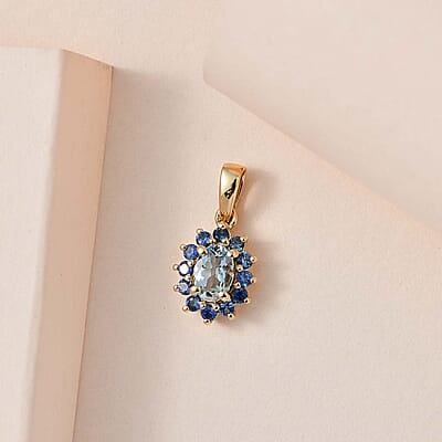 Luxoro 10K Yellow Gold AAA Santa Maria Aquamarine and Ceylon Blue Sapphire Sunburst Pendant 0.75 ctw
