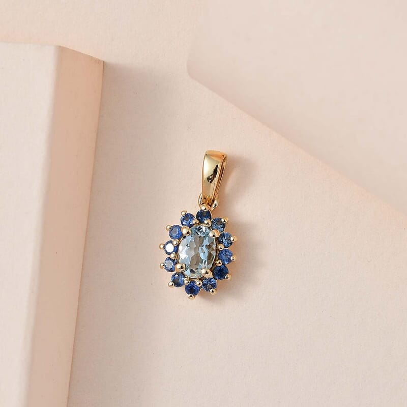 Luxoro 10K Yellow Gold AAA Santa Maria Aquamarine and Ceylon Blue Sapphire Sunburst Pendant 0.75 ctw