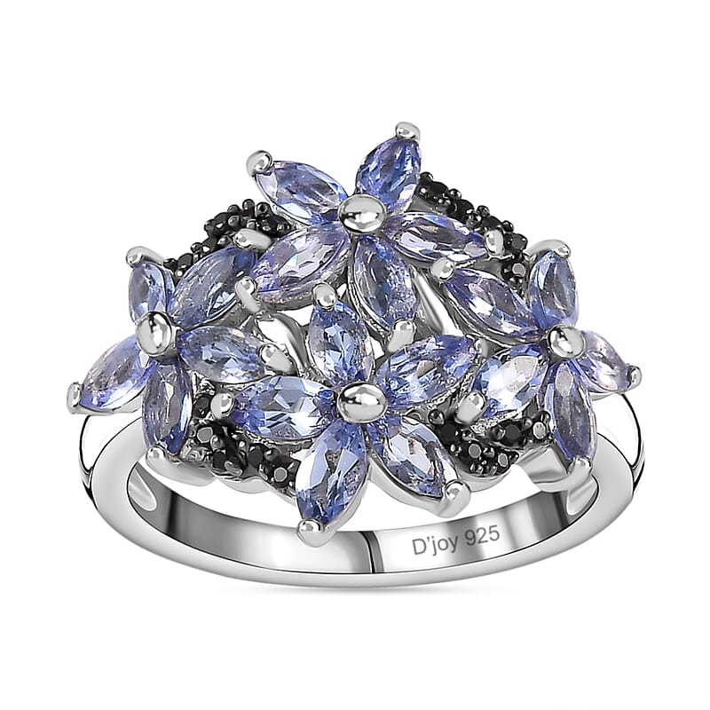 Tanzanite and Thai Black Spinel Floral Ring in Platinum Over Sterling Silver (Size 10.0) 1.85 ctw