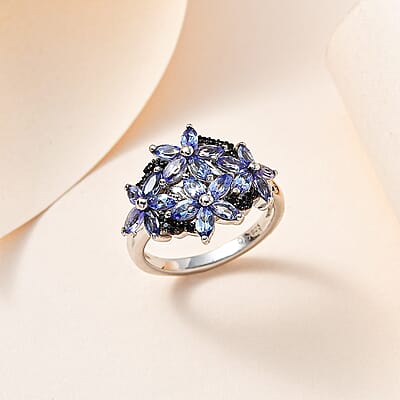 Tanzanite and Thai Black Spinel Floral Ring in Platinum Over Sterling Silver (Size 10.0) 1.85 ctw