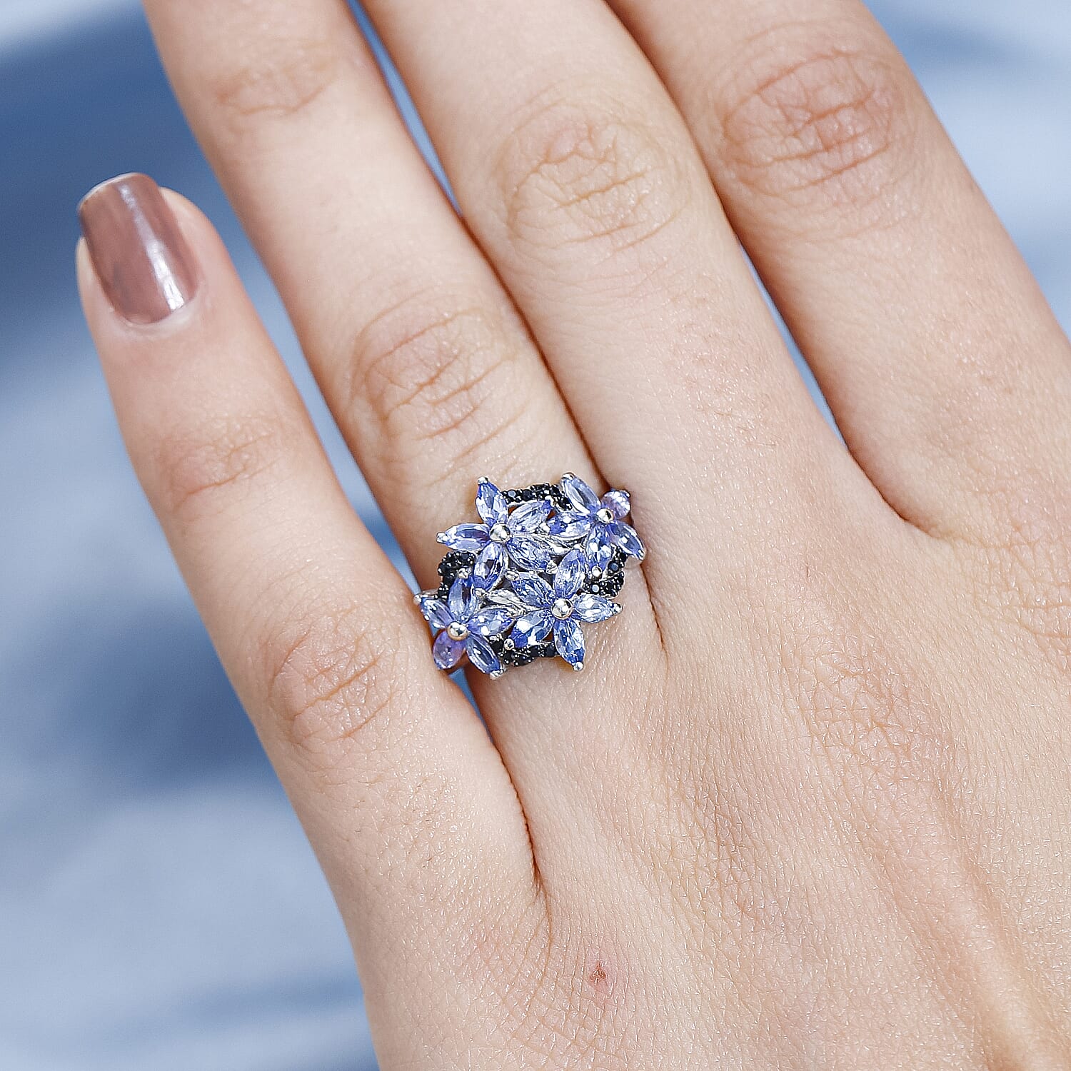 Tanzanite and Thai Black Spinel Floral Ring in Platinum Over Sterling Silver (Size 10.0) 1.85 ctw