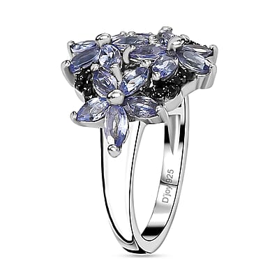 Tanzanite and Thai Black Spinel Floral Ring in Platinum Over Sterling Silver (Size 10.0) 1.85 ctw