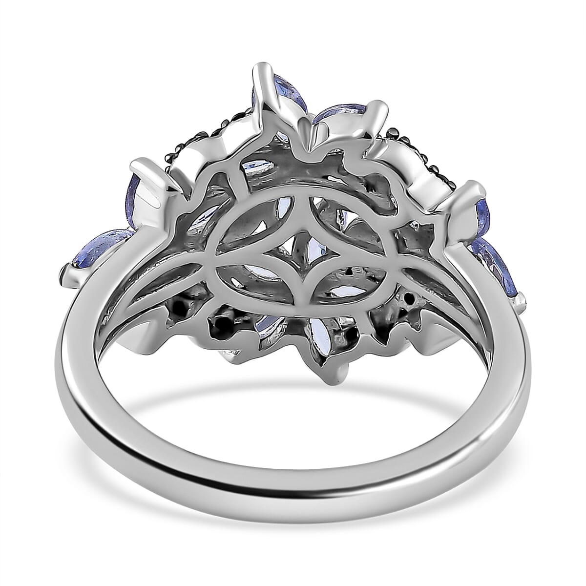 Tanzanite and Thai Black Spinel Floral Ring in Platinum Over Sterling Silver (Size 10.0) 1.85 ctw