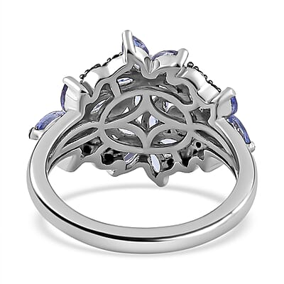 Tanzanite and Thai Black Spinel Floral Ring in Platinum Over Sterling Silver (Size 10.0) 1.85 ctw