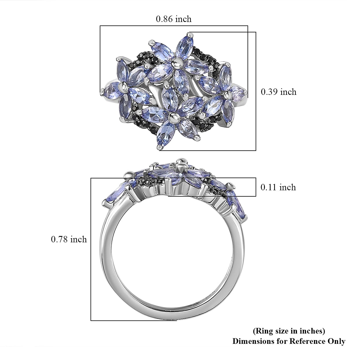 Tanzanite and Thai Black Spinel Floral Ring in Platinum Over Sterling Silver (Size 10.0) 1.85 ctw