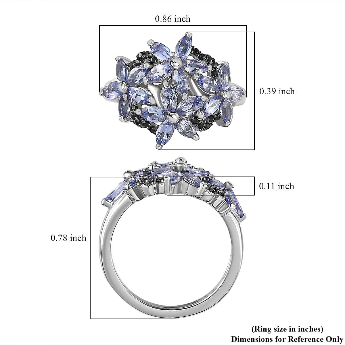 Tanzanite and Thai Black Spinel Floral Ring in Platinum Over Sterling Silver (Size 6.0) 1.85 ctw image number 5