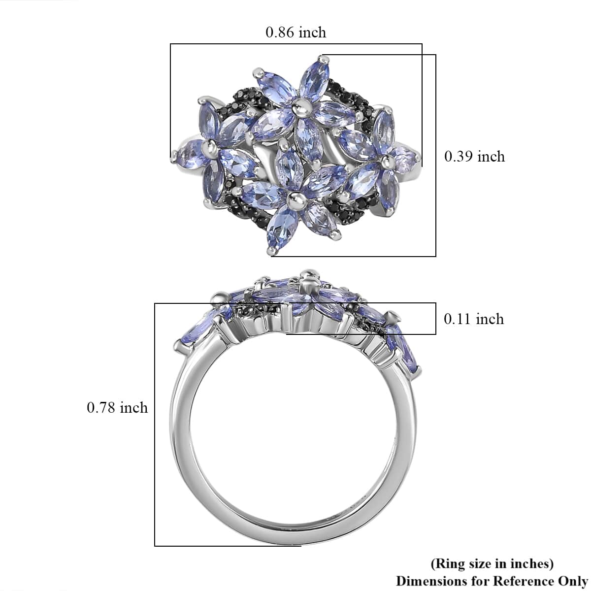 Tanzanite and Thai Black Spinel Floral Ring in Platinum Over Sterling Silver (Size 9.0) 1.85 ctw image number 5