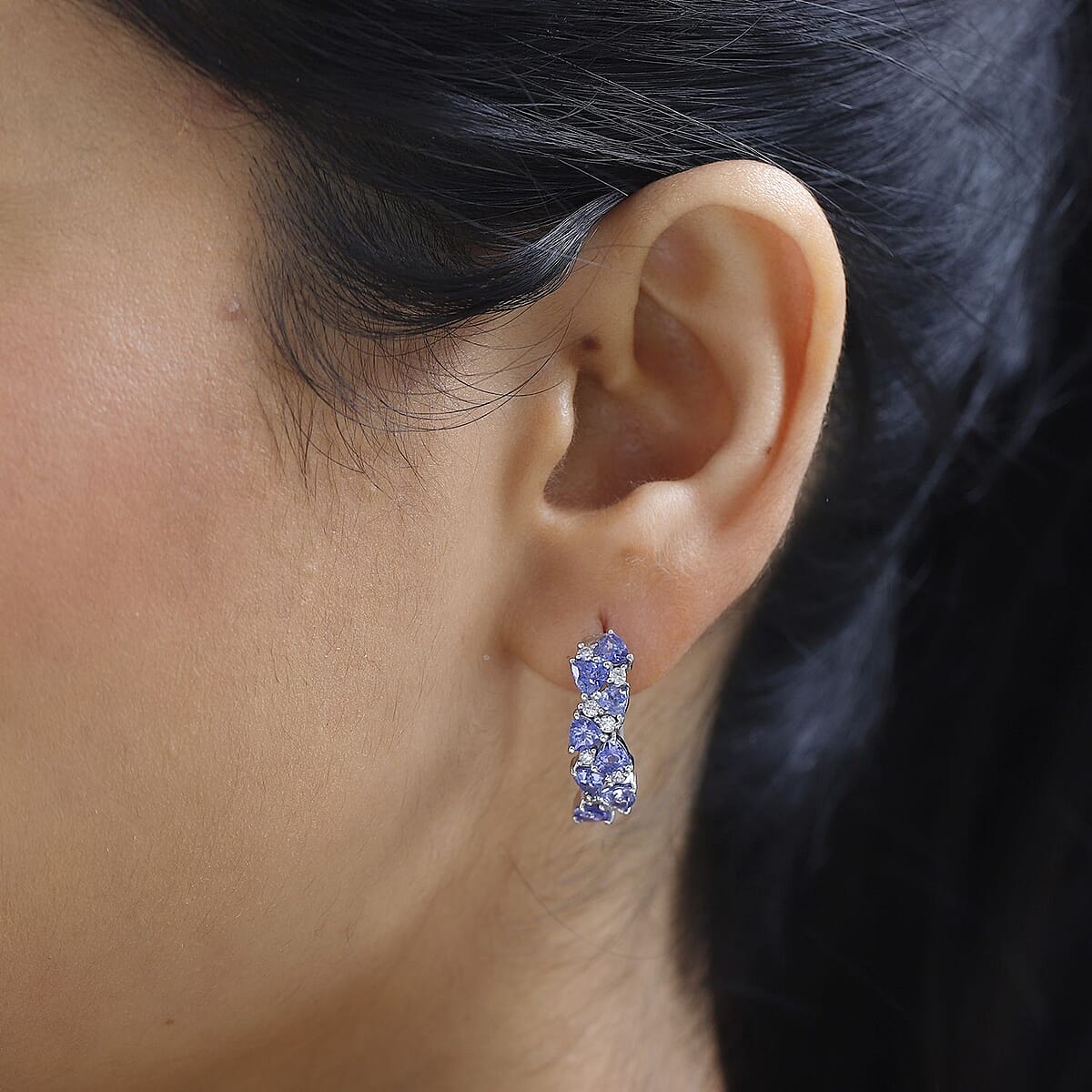 Tanzanite, Moissanite Hoop Earrings in Platinum Over Sterling Silver 2.30 ctw image number 2