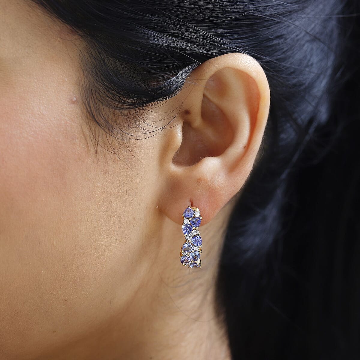 Tanzanite and Moissanite Hoop Earrings in Vermeil Yellow Gold Over Sterling Silver 2.30 ctw image number 2