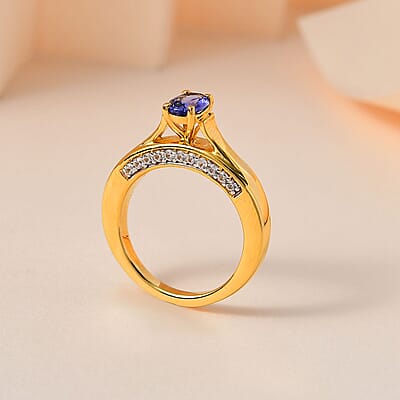 Tanzanite and White Zircon Ring in Vermeil Yellow Gold Over Sterling Silver (Size 10.0) 1.20 ctw