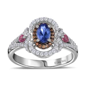 AAA Tanzanite and Multi Gemstone Double Halo Ring in Platinum Over Sterling Silver (Size 10.0) 1.15 ctw