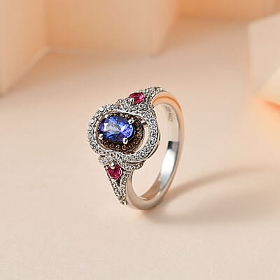 AAA Tanzanite and Multi Gemstone Double Halo Ring in Platinum Over Sterling Silver (Size 10.0) 1.15 ctw