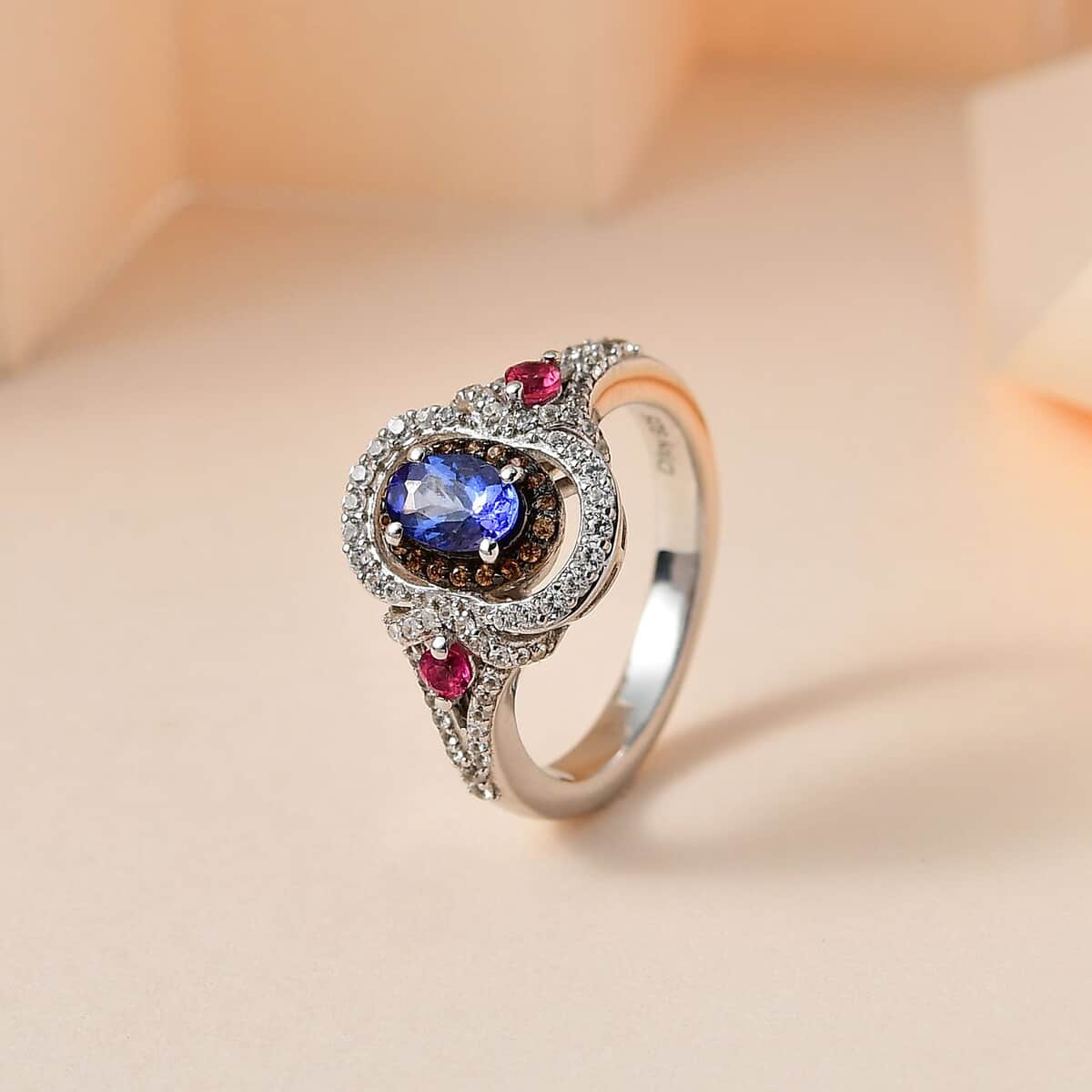 AAA Tanzanite and Multi Gemstone Double Halo Ring in Platinum Over Sterling Silver (Size 10.0) 1.15 ctw image number 1