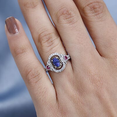 AAA Tanzanite and Multi Gemstone Double Halo Ring in Platinum Over Sterling Silver (Size 10.0) 1.15 ctw