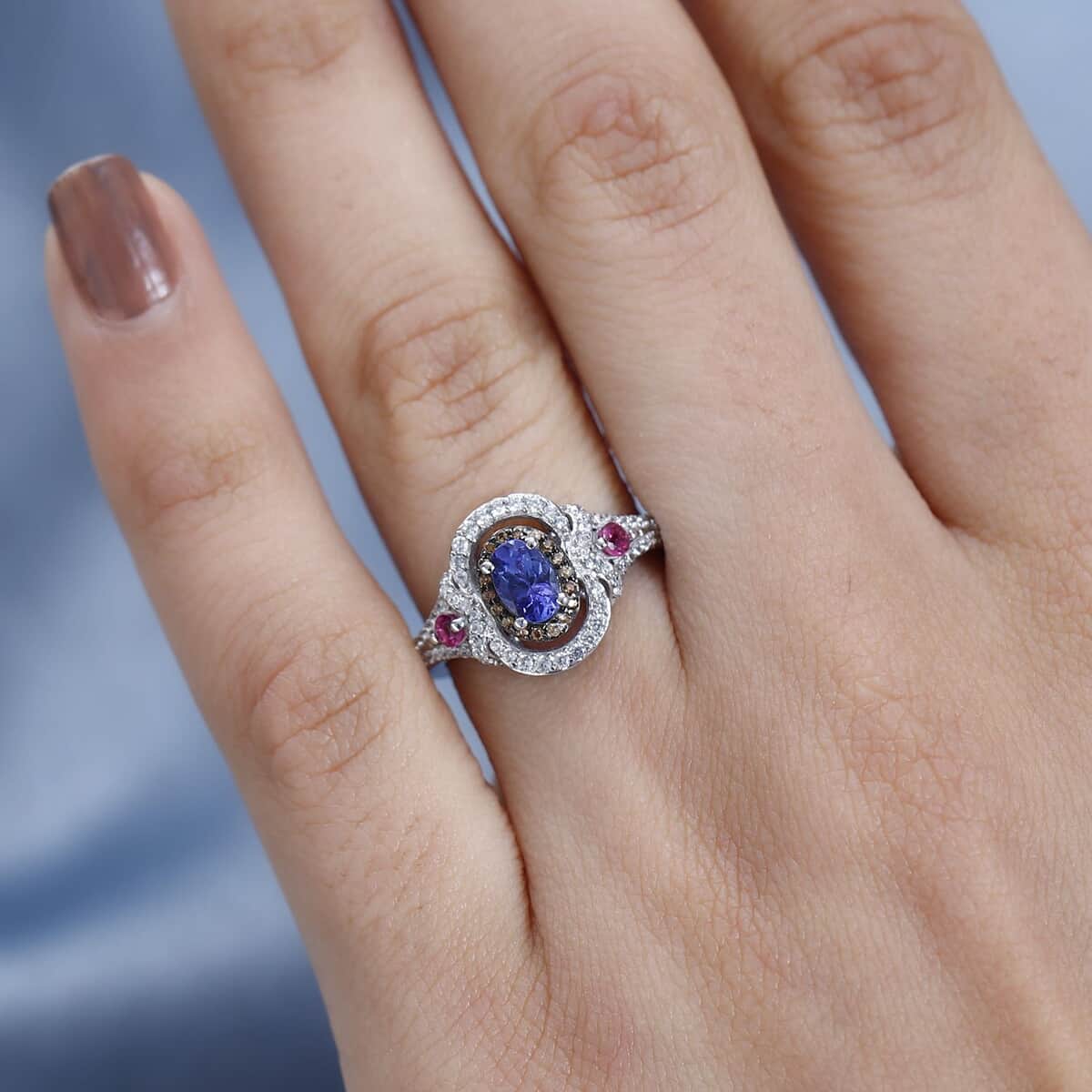 AAA Tanzanite and Multi Gemstone Double Halo Ring in Platinum Over Sterling Silver (Size 10.0) 1.15 ctw image number 2