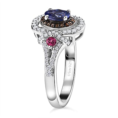 AAA Tanzanite and Multi Gemstone Double Halo Ring in Platinum Over Sterling Silver (Size 10.0) 1.15 ctw