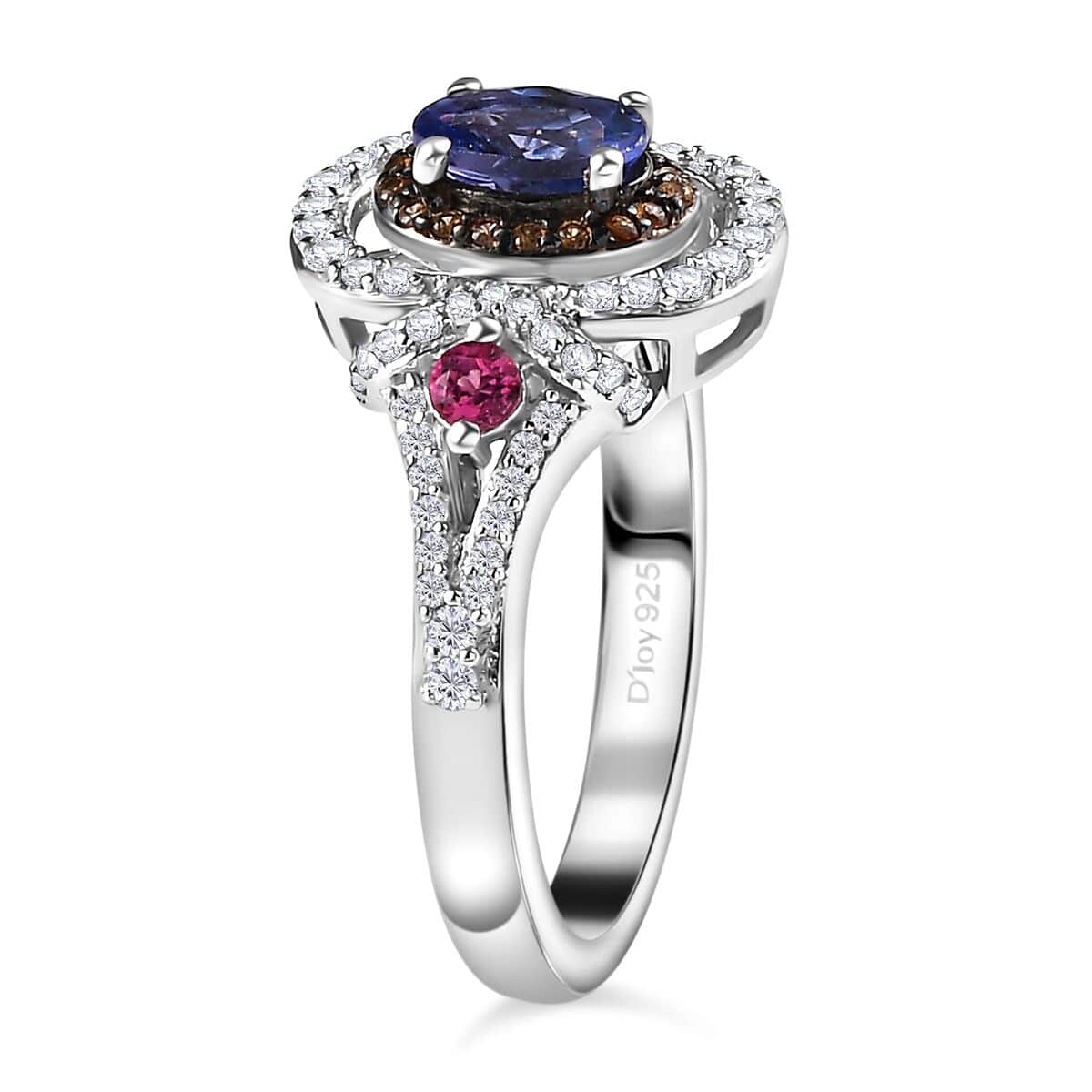 AAA Tanzanite and Multi Gemstone Double Halo Ring in Platinum Over Sterling Silver (Size 10.0) 1.15 ctw image number 3