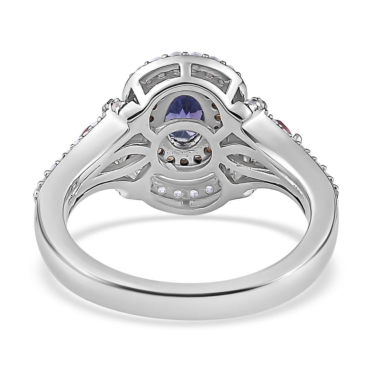 AAA Tanzanite and Multi Gemstone Double Halo Ring in Platinum Over Sterling Silver (Size 10.0) 1.15 ctw