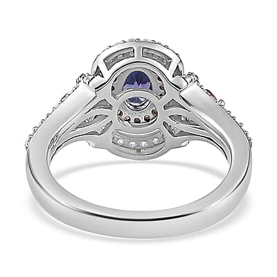 AAA Tanzanite and Multi Gemstone Double Halo Ring in Platinum Over Sterling Silver (Size 10.0) 1.15 ctw