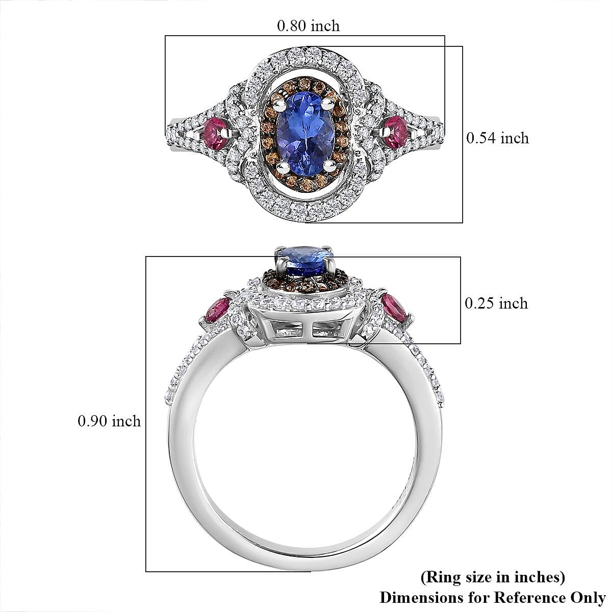 AAA Tanzanite and Multi Gemstone Double Halo Ring in Platinum Over Sterling Silver (Size 10.0) 1.15 ctw