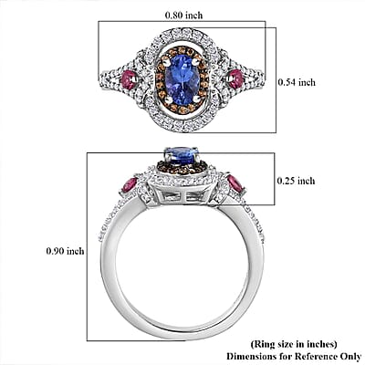 AAA Tanzanite and Multi Gemstone Double Halo Ring in Platinum Over Sterling Silver (Size 10.0) 1.15 ctw