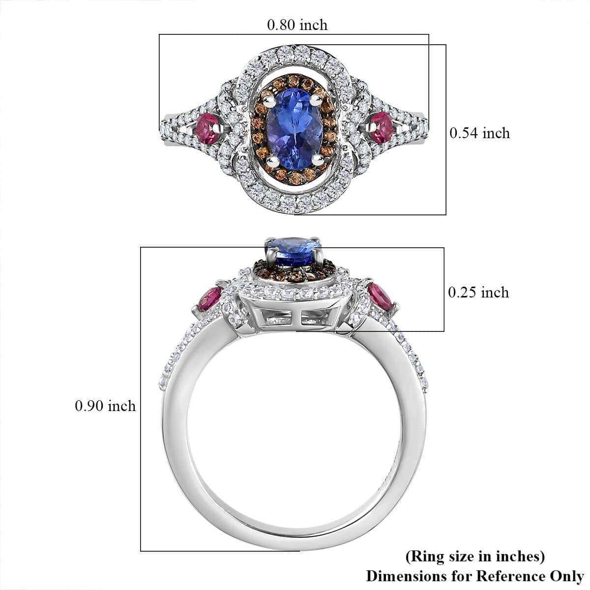 AAA Tanzanite and Multi Gemstone Double Halo Ring in Platinum Over Sterling Silver (Size 10.0) 1.15 ctw image number 5