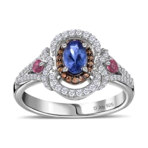 AAA Tanzanite and Multi Gemstone Double Halo Ring in Platinum Over Sterling Silver (Size 7.0) 1.15 ctw