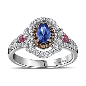 AAA Tanzanite and Multi Gemstone Double Halo Ring in Platinum Over Sterling Silver (Size 8.0) 1.15 ctw