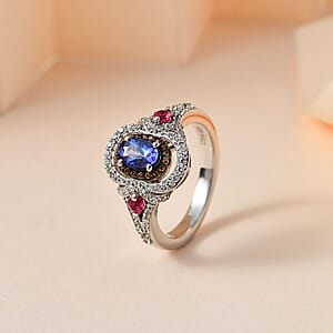 AAA Tanzanite and Multi Gemstone Double Halo Ring in Platinum Over Sterling Silver (Size 8.0) 1.15 ctw