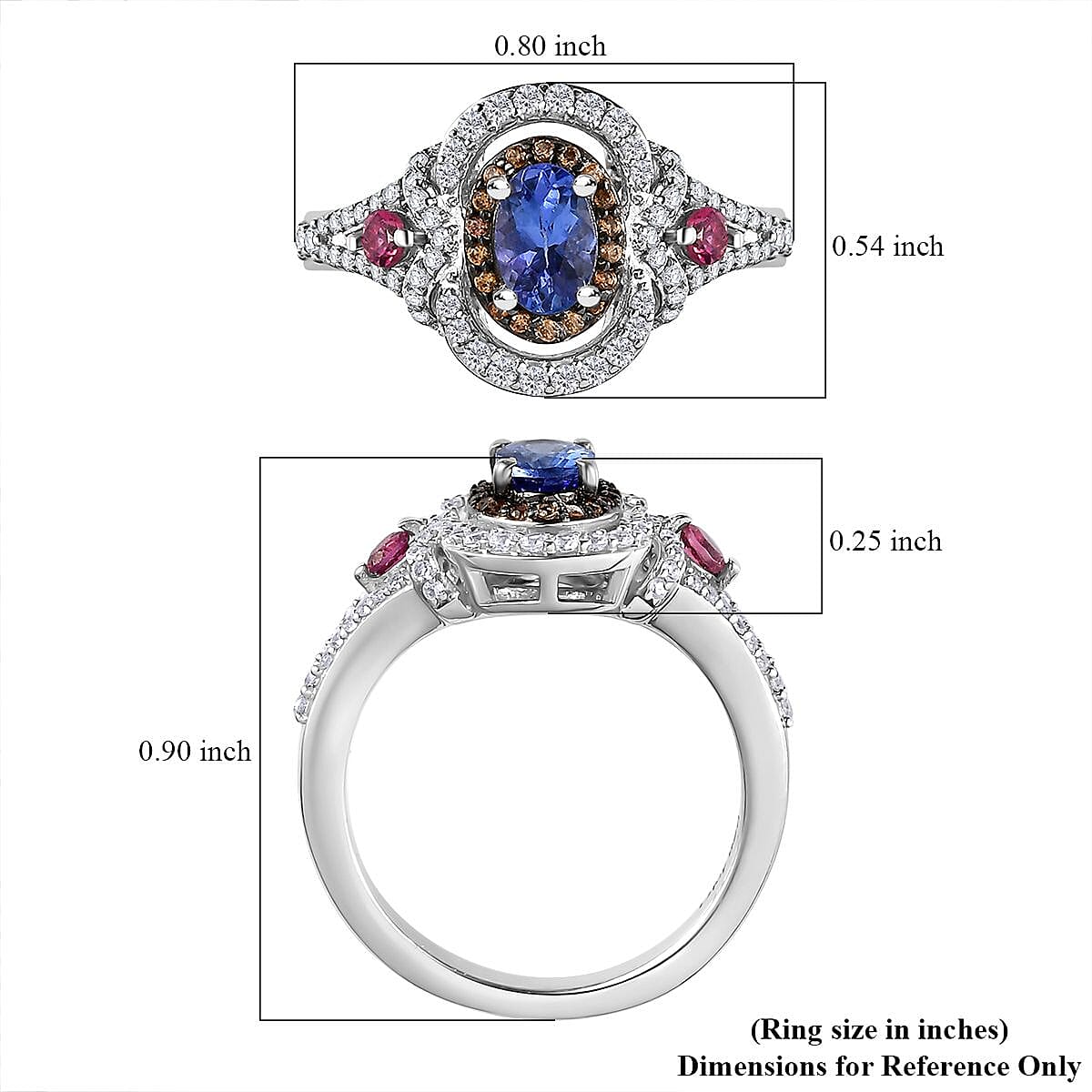 AAA Tanzanite and Multi Gemstone Double Halo Ring in Platinum Over Sterling Silver (Size 8.0) 1.15 ctw image number 5