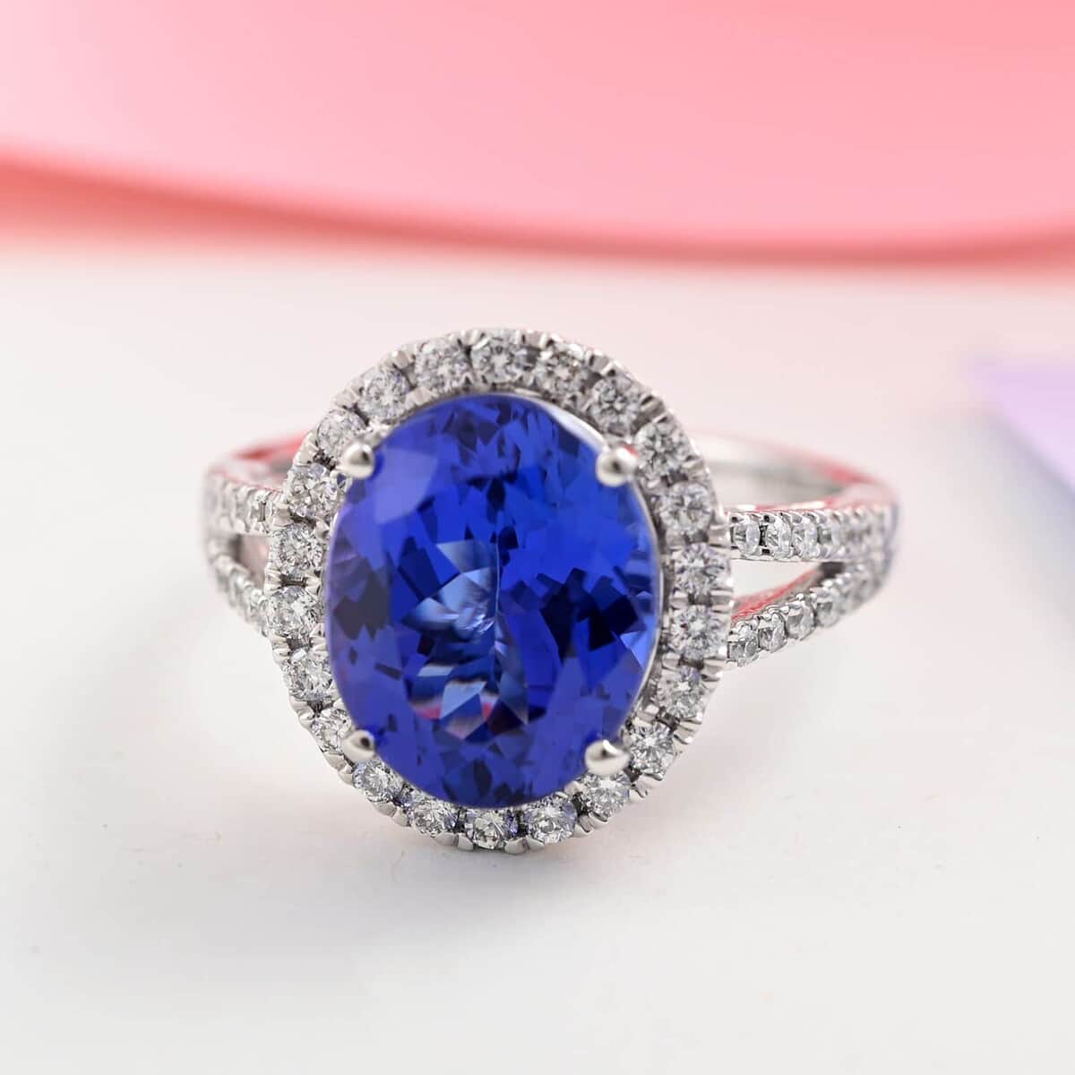 Certified & Appraised Rhapsody AAAA Tanzanite and E-F VS Diamond 5.30 ctw Halo Ring in 950 Platinum (Size 8.5) 6.65 Grams image number 1