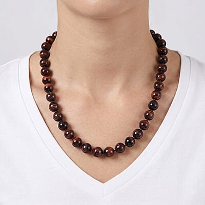 Red Tiger Eye 800.00 ctw Necklace in Rhodium Over Sterling Silver (Adjustable)