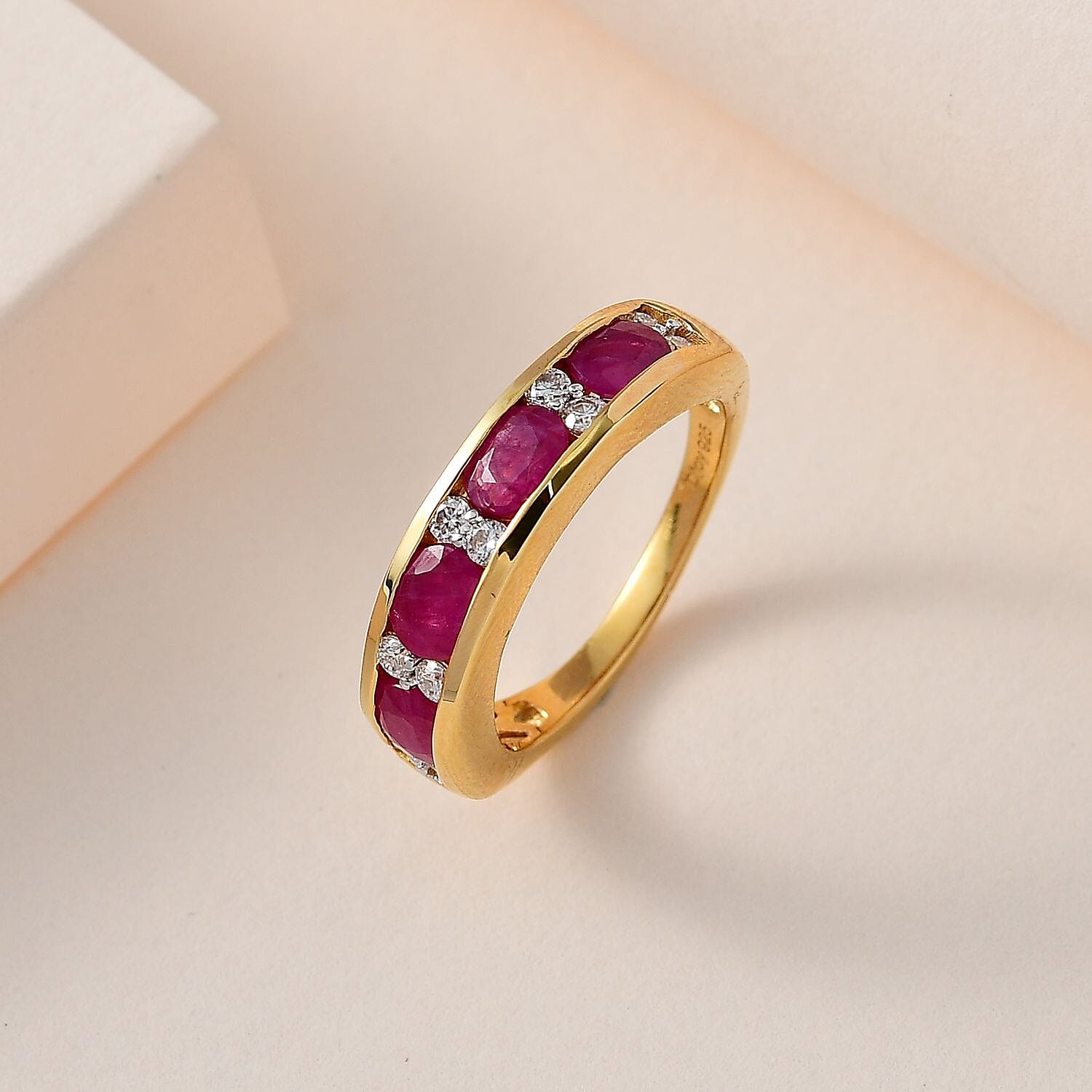 Premium Montepuez Ruby and Moissanite Band Ring in Vermeil Yellow Gold Over Sterling Silver (Size 10.0) 2.00 ctw