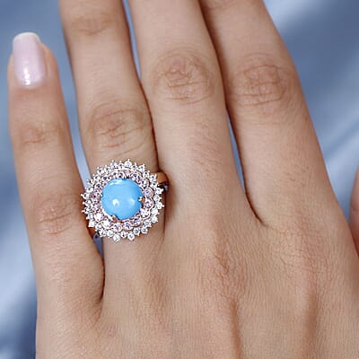 Sleeping Beauty Turquoise and Multi Gemstone Cocktail Ring in Vermeil Rose Gold Over Sterling Silver (Size 10.0) 3.65 ctw