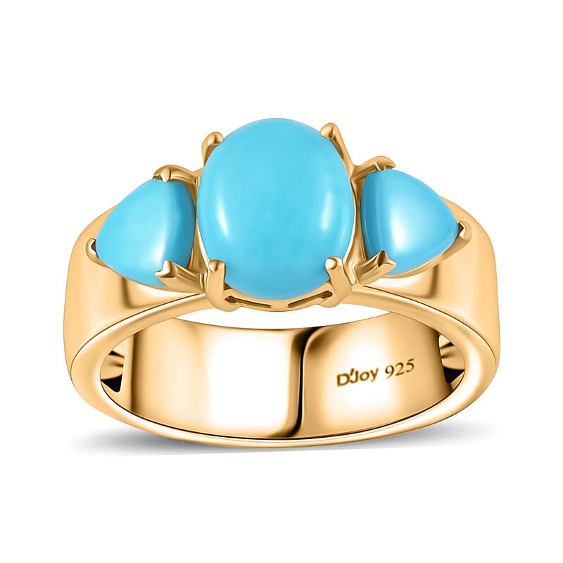 Sleeping Beauty Turquoise 3 Stone Ring in Vermeil Yellow Gold Over Sterling Silver (Size 10.0) 3.15 ctw